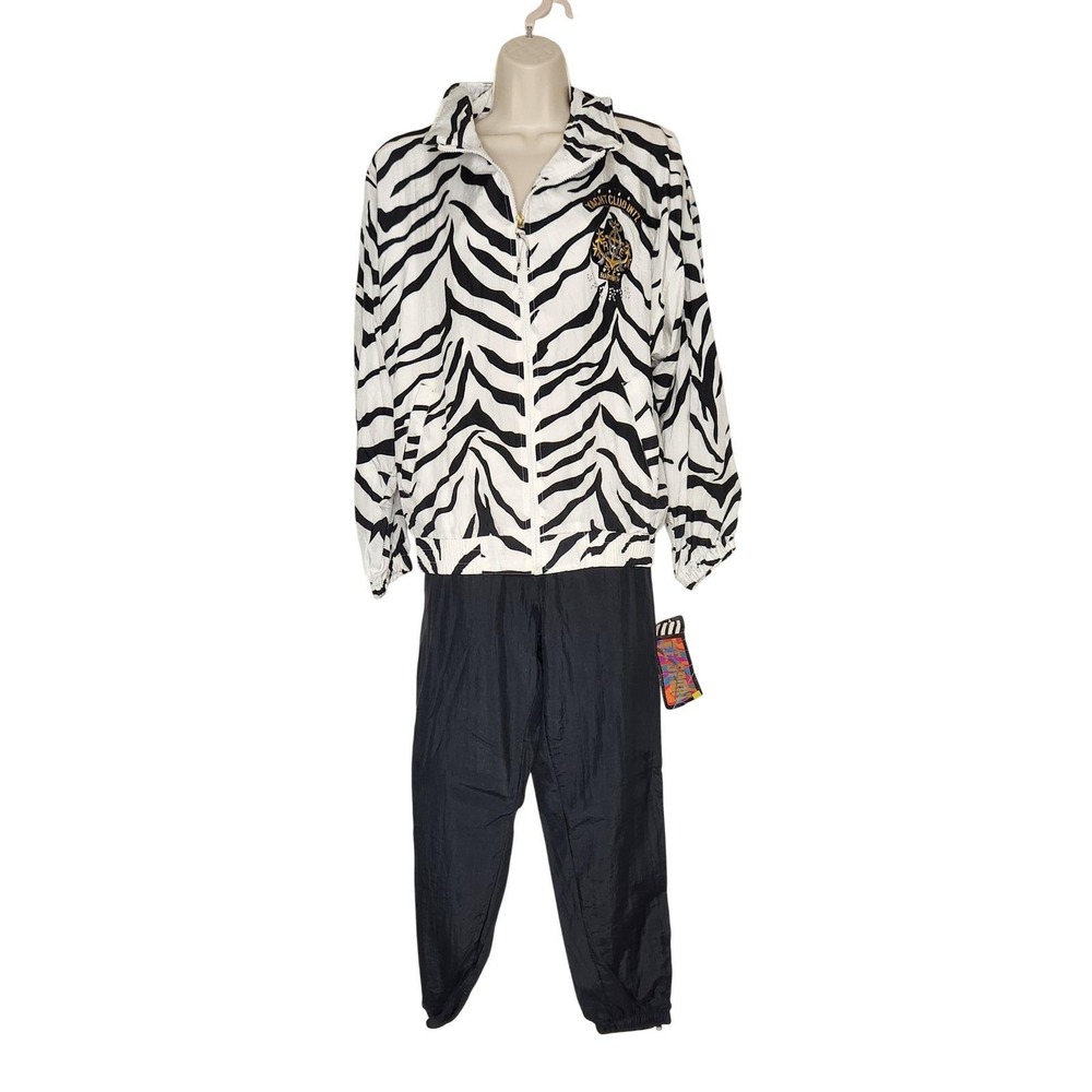 NWT Vtg‎ Windbreaker Track Suit Jacket Pants 80s Nylon Small Black White Zebra